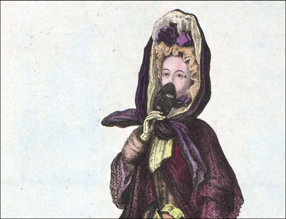 'Dame die incognito door de stad loopt'. Modeprent (detail) uit 1689. Collectie Rijksmuseum Amsterdam