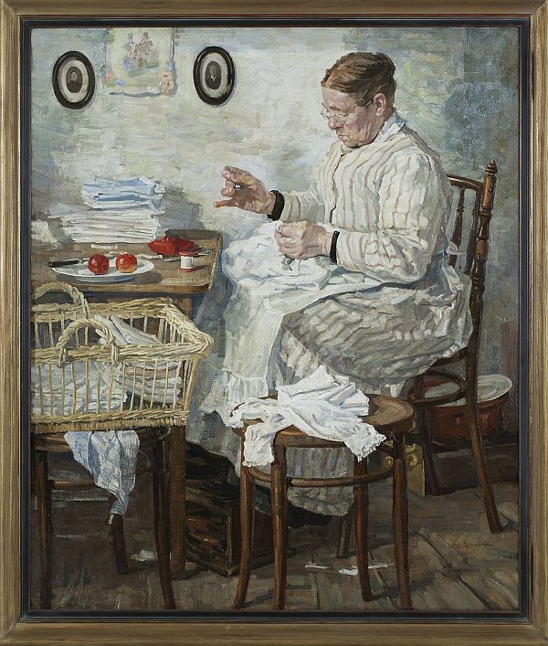 Klaas van Leeuwen, De huisnaaister (1916). Illustratie uit Ileen Montijn, Tot op de draad, de vele levens van oude kleren.