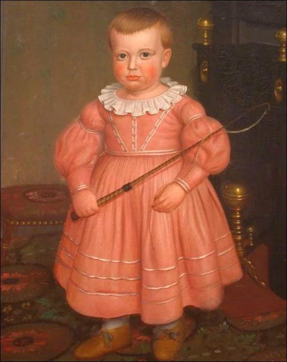 Jongen in het roze. Amerikaanse school, c. 1840 (bron: thevintagenews.com).
Het gebruik om jongens in blauw en meisjes in roze te kleden schijnt pas van na c. 1950 te dateren.