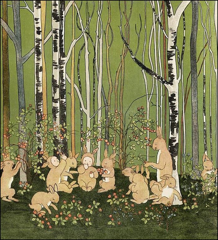 Iedereen dezelfde pakjes (illustratie uit Marie Hildebrandt, 'Mapje en Papje in het hazenbosch' 1906)