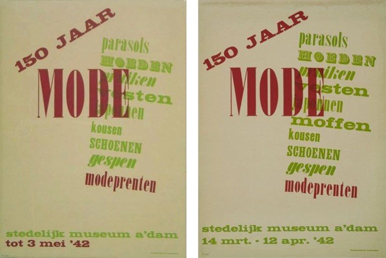 Affiche voor 150 jaar mode, met (rechts) en zonder moffen (Stedelijk Museum Amsterdam)