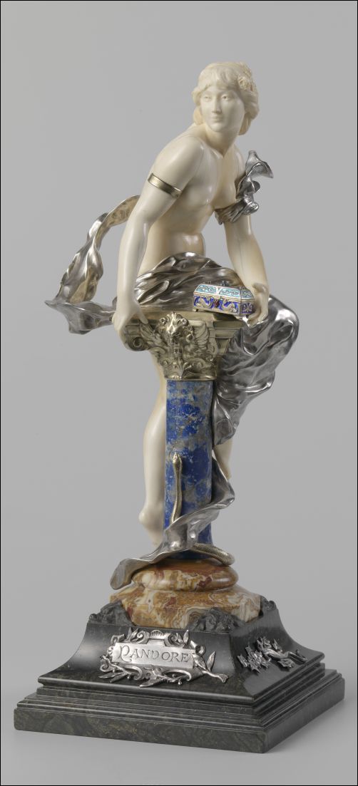 Pandora, Maison Vever, Parijs c. 1889 (ivoor, lapis lazuli, serpentijnsteen, jaspis, gedeeltelijk verguld zilver en email).

Rijksmuseum Amsterdam