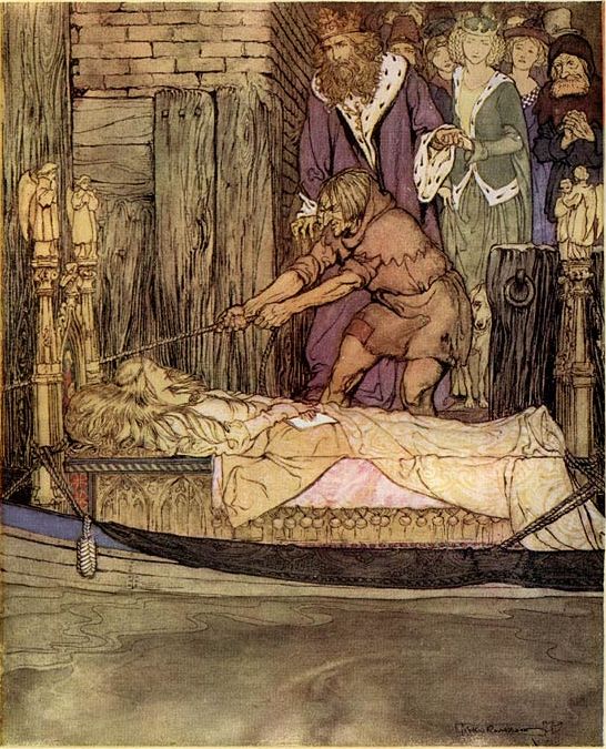 Arthur Rackham, Het bootje met de dode Elaine voor het paleis te Westminster.