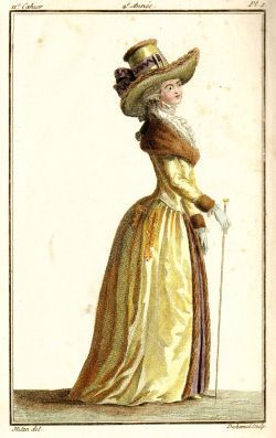 Vrouw met wandelstok (Franse modeprent, 1789)