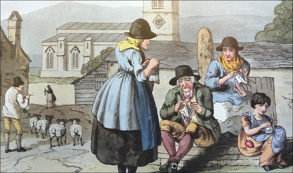 Breiende familie op het Engelse platteland. Prent van G. Walker (1814)