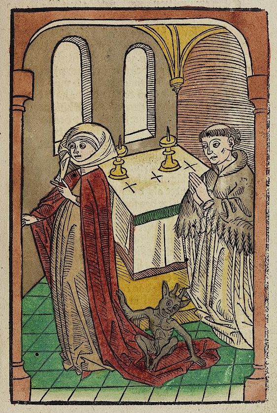 De duivel op de sleep. Uit handschrift 'Seelenwurzgarten', Ulm 1483.