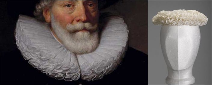 Links: Govert Flinck, Pieter Jansz. Reael, 1643 (Amsterdam Museum). Rechts: Dienstbodenmuts, c. 1910 (Gemeentemuseum Den Haag)